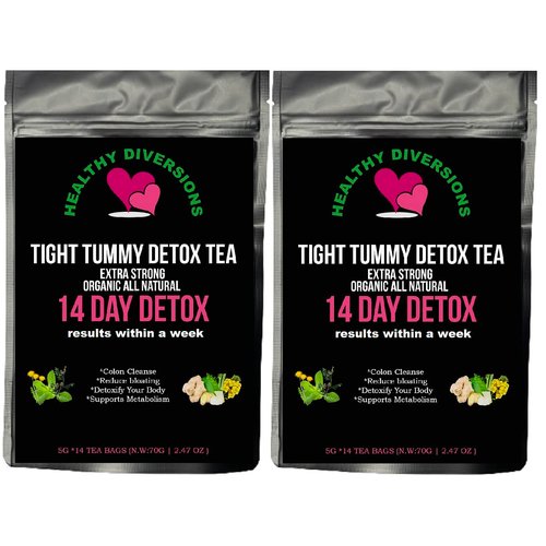Healthy Diversions Tight Tummy Detox Tea, Extra Strength results within a week reduce bloating Herbal Tea Bags, Wellness & Energy Support 14 Tea Bags, 2.4oz (2 Packs Deal)
