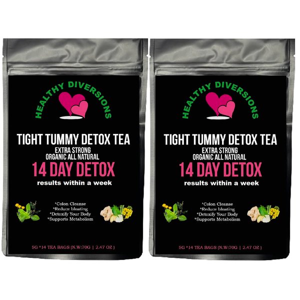 Healthy Diversions Tight Tummy Detox Tea, Extra Strength results within a week reduce bloating Herbal Tea Bags, Wellness & Energy Support 14 Tea Bags, 2.4oz (2 Packs Deal)