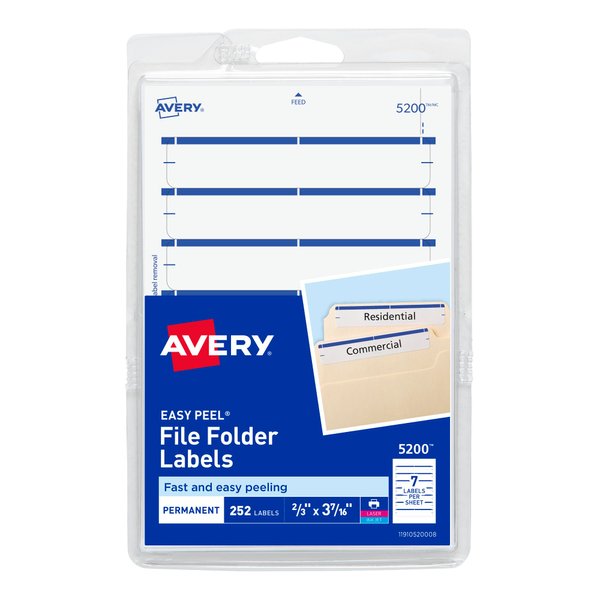 Avery File Folder Labels on 4" x 6" Sheet, Easy Peel, White/Blue, Print & Handwrite, 2/3" x 3-7/16", 252 Labels (5200)