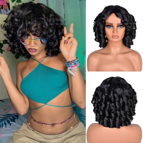 SOFUN Short Curly Wigs for Black Women Afro Curly Wig with Bangs Loose Cute Curly Fluffy Wavy Big Bouncy Fluffy Curly Wig(Black)