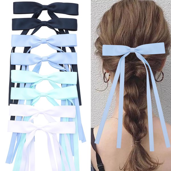 WORTL 8 PCS Hair Bows for Women, Hair Ribbon hair bows with Long Tail, hair bow clips Hair Barrettes for Women Accessories (White,Blue,Navy Blue,Light Green)