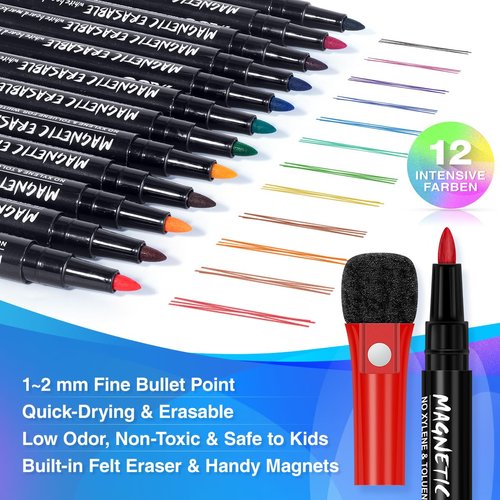 Magnetic Dry Erase Markers Fine: 12 Colors Erasable Whiteboard Markers Fine Point with Eraser Cap, Low Odor White Board Dry Erase Pens Fine Tip for Kids & Teachers, Home, Office and School Supplies