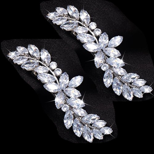 HINZIC 2Pcs Rhinestone Barrettes Crystal Sparkly Leaf Diamond Hair Clips Silver French Bridal Hairpins Wedding Engagement Prom Christmas Valentines Accessories for Bride Women Girls Thick Hair