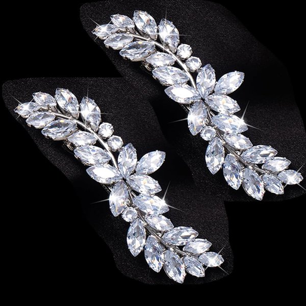 HINZIC 2Pcs Rhinestone Barrettes Crystal Sparkly Leaf Diamond Hair Clips Silver French Bridal Hairpins Wedding Engagement Prom Christmas Valentines Accessories for Bride Women Girls Thick Hair