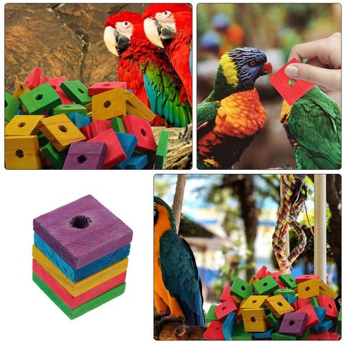 SUPVOX 50pcs Wooden Blocks Bird Chewing Toy, DIY Bird Chewing Toys Colorful Square Wood Pieces Beak Trim Parrot Foot Craft Cage Part Toy Mini Wood Chip Charms