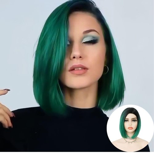 Salaibs Green Bob Wigs for Women Dark Root Short Ombre Green Straight Hair Wig Middle Part Natural Fiber Daily Wig