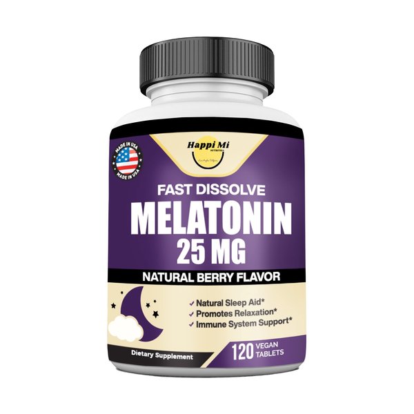 Happi Mi Nutrition Melatonin 25mg, Extra Strength with L-Theanine & Vitamin B-6, Fast Dissolve Tablets, Sleep Support, Relaxation, Restful Sleep, Drug Free, Natural Berry Flavor, 120 Chewable Tablets