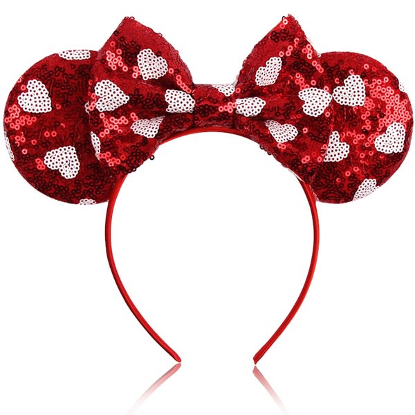 Red Valentine's Day Headbands for Women Shiny Bows Mouse Ears Hair Hoop Glitter Sequin Heart Bow Headbands for Christmas Parties Hair Access 1PCS