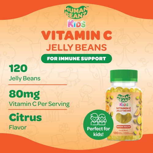 Human Beanz Vitamin C Jelly Bean Gummies for Kids, Immune Support Dietary Supplements, Vegetarian, 120 Citrus Blast Jelly Beans, Kosher