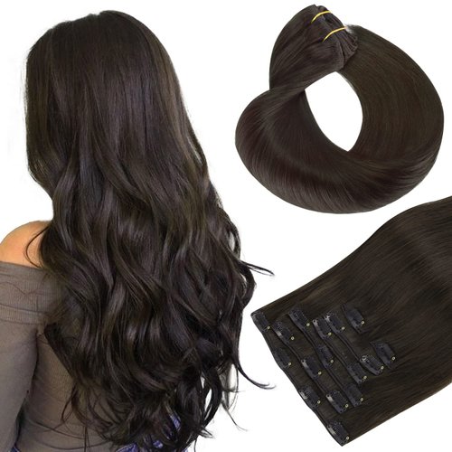 HOTBANANA Human Hair Clip in Hair Extensions, Dark Brown 120g Clip in Hair Extensions Real Human Hair Straight Remy Hair Clip in Hair Extensions 20 Inch 7pcs