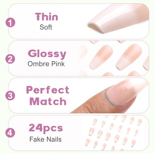 Kikmoya Pink Press on Nails Medium Length with Ombre Design Coffin False Fake Nails 24pcs French Ballerina Long Glossy Stick on Nails for Women