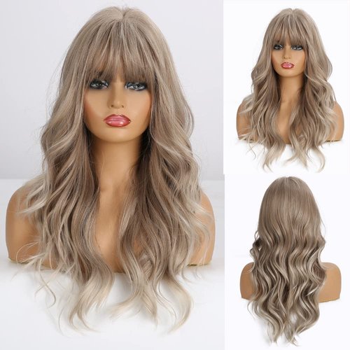 Esmee Blonde Ash Gray Long Wigs Heat Resistant Synthetic Cosplay Wavy Wigs with Bangs for Women
