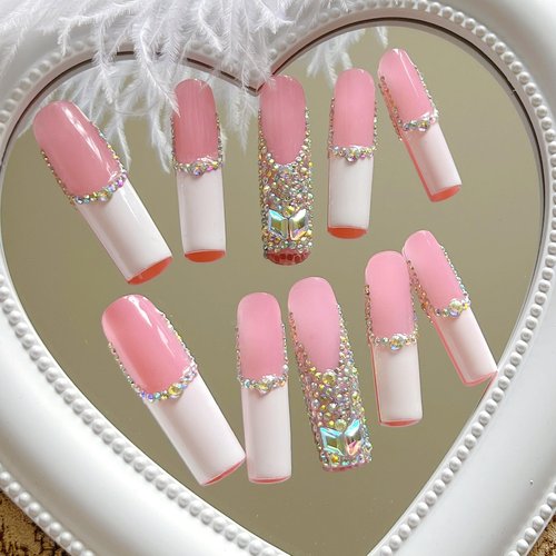 NAIL ANGEL 10PCS/SET Glamorous Handmade Press on nails Glitter Rhinestone Long Coffin Nails Party Nails XXL Long Artifical Tips ZJ-01(M)