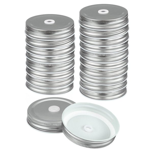 uxcell 24Pcs Mason Jar Lids with Straw Hole, 70mm Tinplate Canning Lids Fits Regular Mouth Mason Jar, Drinking Lids Set Reusable for DIY, Drinking, Daily Food Storage, Silver