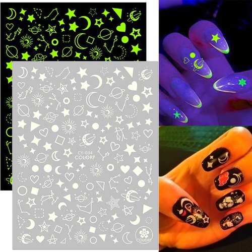Luminous Nail Art Stickers, Fluorescent Nail Self-Adhesive Decals, Glow in The Dark Nail Art Design, Sun Moon Stars Love Heart Nail Sticker Decoration for Women Girls Manicure 3D Nail Decal(6 Sheets)