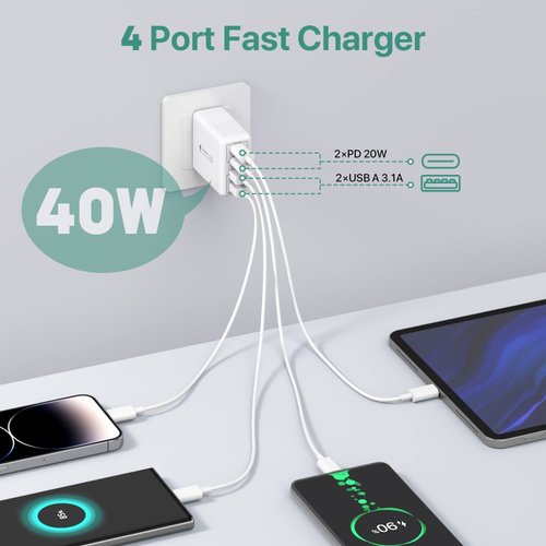 sccvee [2 Pack] USB C Wall Charger, 40W 4-Port USB C Charger Block,Fast Charging Block Dual Port PD+QC Wall Plug Multiport Type C Compatible with iPhone 14/13/12/11/Pro Max/XS/XR/8/smartphones/Tablet