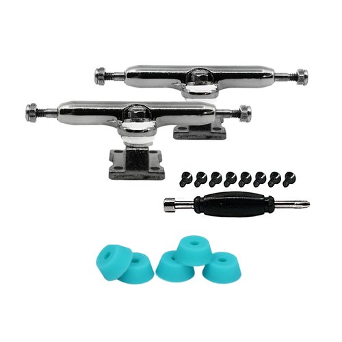 Teak Tuning Prodigy Fingerboard Trucks with Upgraded Lock Nuts, Silver Chrome Colorway - 32mm Wide - Includes Teal Pro Duro 61A Bubble Bushings