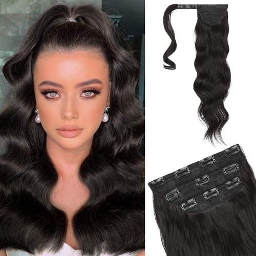 FLUFYMOOZ 4PCS Half Up Half Down Ponytail Extension Set, Fake Ponytail Soft Synthetic Hairpiece for Women, Long Thick Clip in Hair Extensions Wavy Fuller High Wrap Around (Black Brown 22In)