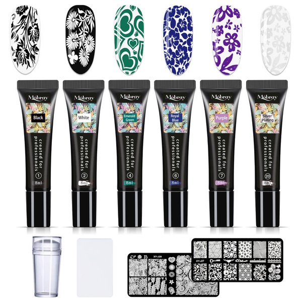 Mobray Nail Stamping Polish Gel 8 ml, 6 Colors Nail Stamper Kit with 1*Head Stamper 1*Scraper and 2*Leaves Flowers Animal Design Nail Stamping Templates Nail Art Stamping Kit for Beginners Nails Art