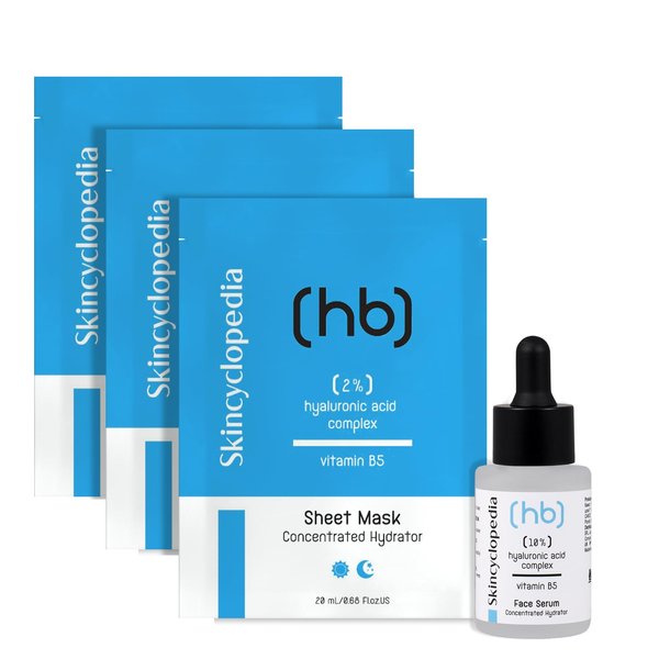 SkinCyclopedia Facial Serum Treatment Set, Hyaluronic Acid & Vitamin B5 Complex, 1 Serum +3 Sheet Mask, Anti Aging Deep Hydrator, Wrinkle Reduction, Skin Softness and Elasticity, Radiance Booster