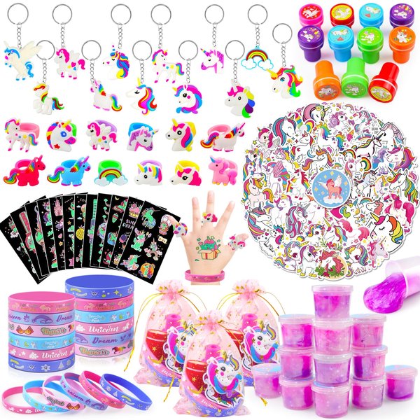 Moltby 134Pcs Unicorn Party Favors Birthday Supplies for Girls - Include Unicorn Goodie Bags, Luminous Tattoos, Slime Kit Rainbow Unicorn Pinatas for Birthday Girl