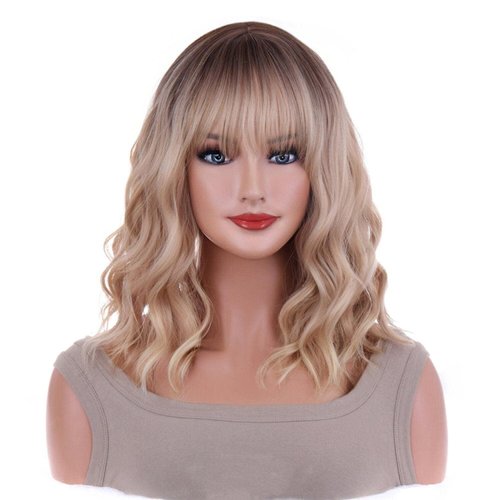 AneShe 14 Inches Blonde Wig for Women Girls Ash Blonde Wig Short Curly Wig Synthetic Wig with Bangs Ombre Blonde Wig for Daily Cosplay Party