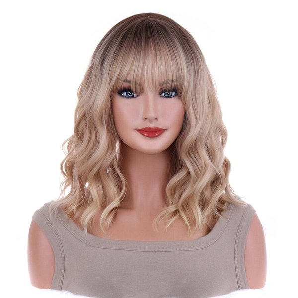 AneShe 14 Inches Blonde Wig for Women Girls Ash Blonde Wig Short Curly Wig Synthetic Wig with Bangs Ombre Blonde Wig for Daily Cosplay Party