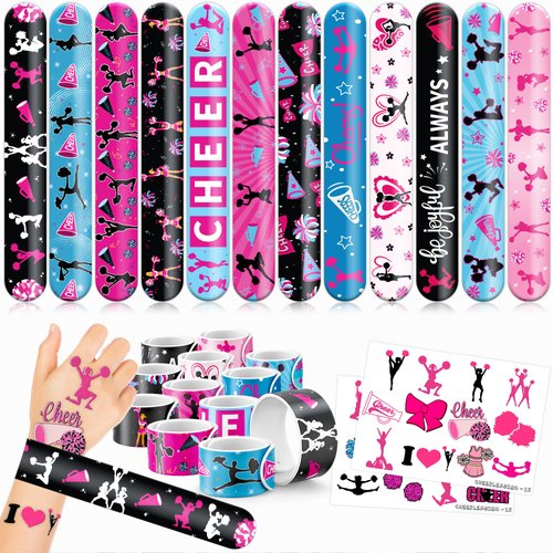48 PCS Cheerleading Party Favors 24PCS Tattoos Stickers 24PCS Slap Bracelets Wristbands Perfect for Themed Birthday Baby Showers or Classroom Rewards Ideal Decor and Gifts for Girls and Boys
