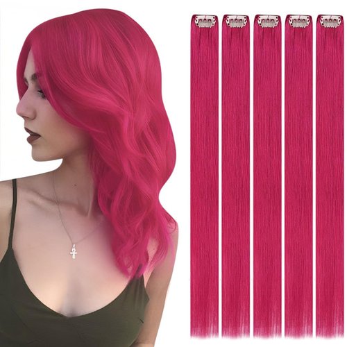 RUNATURE Clip in Hair Exensions Pink Human Hair Clip in Extensions 16 Inch Clip in Hair Extensions Real Human Hair Pink Hair Extensions Clip in Human Hair Hot Pink Hair Extensions Highlights 25g 5Pcs
