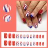 ROFIBUT 4th of July Press on Nails Short Square Fake Nails Full Cover False Nails with Red Blue White Strips Designs Glossy Independence Day Blue French Tip Glue on Nails for Women Girls 24Pcs