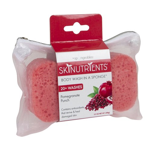 Spongeables Skinutrients Moisturizing Body Wash in a Sponge With Bonus Travel Bag 20+ Washes Paraben and Cruelty-Free, Pomegranate Punch, 3.5 Oz (Pack of 3)