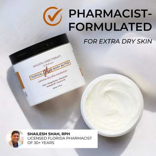 Tropical Ghee Body Butter | Moisturizer | Shea Body Butter For Extreme Dry Skin due to Sunburn, Eczema | Mango & Shea Butter, Ghee, Avocado & Coconut Oil. Pharmacist Formulated.