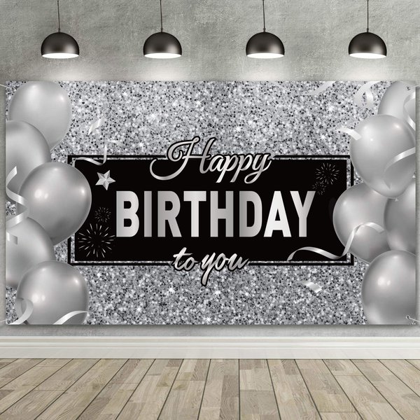 Sumind Silver and Black Birthday Banner Birthday Party Decoration for Men Women Happy Birthday Background Backdrop Birthday Photography,72.8x43.3 Inch