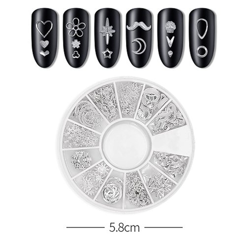 DANNEASY 3D Nail Charms Nail Jewels Silver Nail Art Charms Charms for Nails Metal Nail Studs Nail Jewelry for Acrylic Nails DIY Craft Nail Decoration (6 Boxes)
