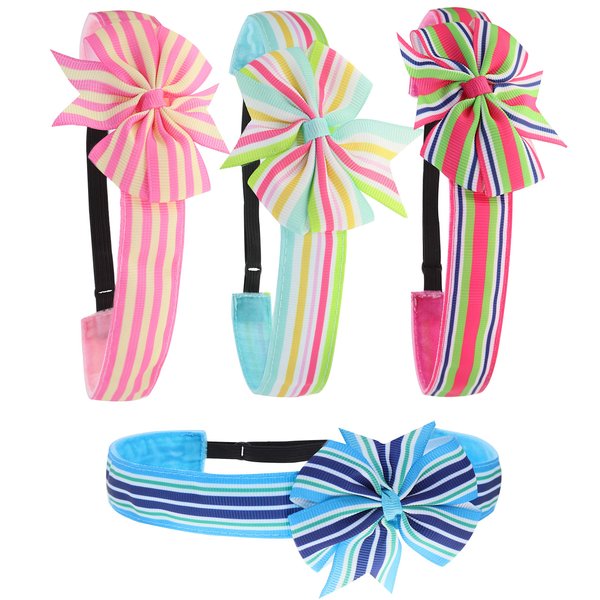 FROG SAC 4 Preppy Striped Bow Headbands for Girls, Cute Hair Accessories for Kids, Adjustable No Slip Grosgrain Ribbon Headband Pack for Kids, Elastic Non Slip Fashion Hairbands With Bows For Children