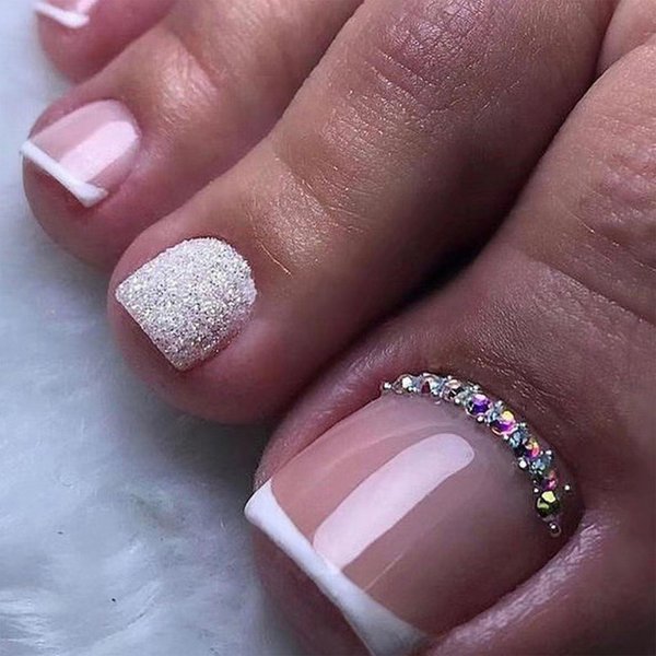 White French Tip Press on Toenails Square Fake Toenails Rhinestone Acrylic Toenails Pink Toe Nails Tips Glitter Powder Toe Nails Fake Nails Summer False Toe Glue on Toenails for Women