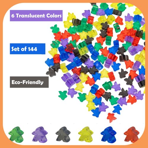 144 Pieces Meeples Game Tokens,Game Pieces for Board Games,Board Game Accessories with Portable Box(Translucent,6 Colors)