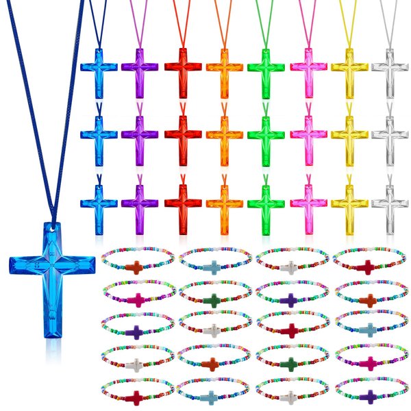 Equsion 48 Pcs Cross Necklaces Christian Religious Party Favors for Kids Include 24 Plastic Crystal Cross Necklace DIY Craft Gifts with 24 Cross Bracelet for Vacation Bible School Prize Favor