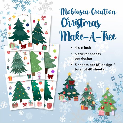 Mobiusea Creation Christmas Party Favors | Make a Tree Stickers | 40 pcs Christmas Crafts for Kids Bulk | 4 x 6 inch | Clear Christmas Tree and Ornament Decorating Craft Sticker Set