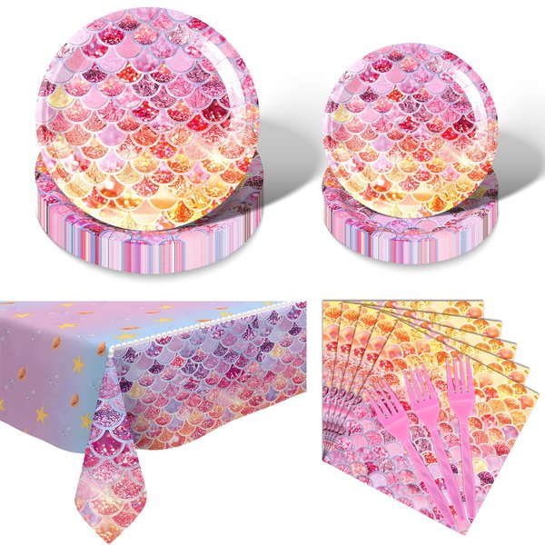 97PCS Mermaid Party Tableware, Ocean Style Party Decorations For Girls and Princesses, Including Plates Meals Tissues Forks Tablecloth Serving 24 Customers for Birthdays Baby Showers