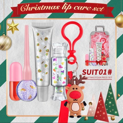 RAINBOWLOVERS Christmas Lip Care Set Cute REINDEER Mini Keychain 4 Colors Trolley Case Hanging With Girls Lip Gloss