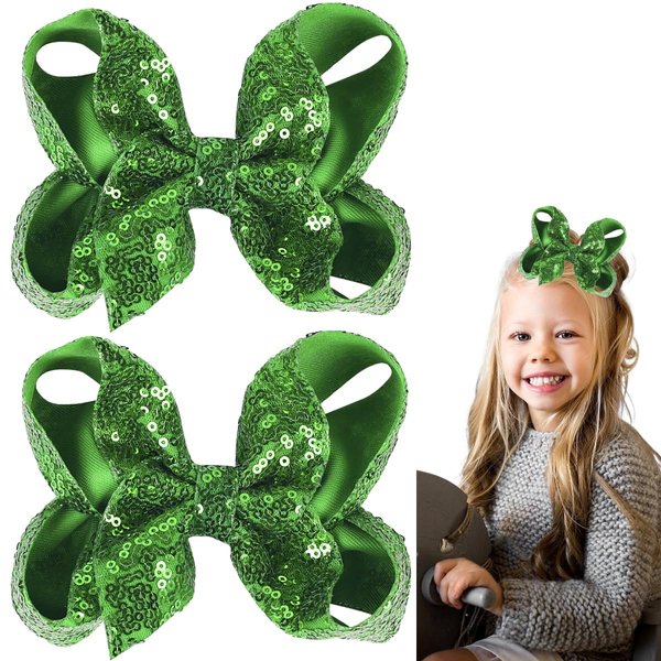 Green Christmas Hair Bows Clips Ribbon Hairpin Hair Bows Clips 5 Inches Glitter Sequins Cheer Alligator Clips Bows Hairpins Barrette for Xmas Holiday Girls Kids Women 2PCS