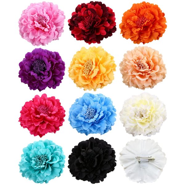 Amuhou Womens Rose Flower Hair Clip Flower Brooch for Bridal Headpiece,Flamenco Dancer (Peony 12 Pcs)