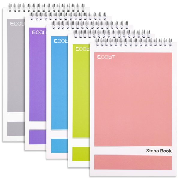EOOUT 5 Pack Top Spiral Steno Pads, 6 x 9Inches, 80 Sheets White Paper, Gregg Rule, Steno Notebook for Writing, Assorted Covers, Pink, Purple, Yellow, Blue, Grey