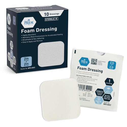 MED PRIDE Foam Dressings -10 Pack, 6'' x 6'' - Sterile, Hydrophilic, Highly Absorbent- Soft, Non-Adhesive Pads, Waterproof Dressing for Wound Care & Ulcers, Post Op Trauma + Injuries