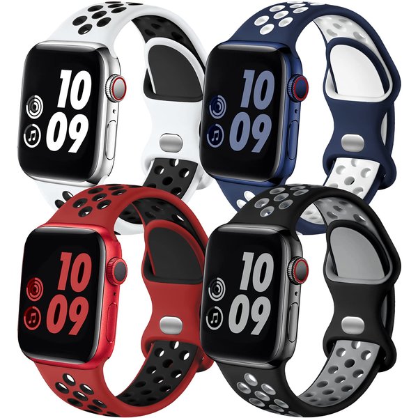 Adorve 4 Pack for Apple Watch Band 49mm 45mm 44mm 42mm iWatch Ultra 2 SE Series 9 8 7 6 5 4 3 2 1 for Women Men, Breathable Sport Silicone Replacement Strap, Blue White/White Black/BlackGray/RedBlack