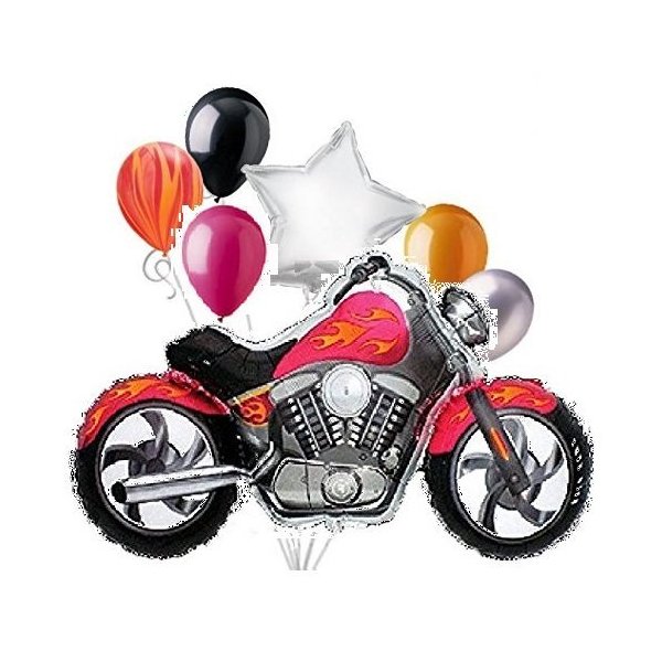DalvayDelights 8pc Pieces Pink Motorcycle with Orange-Yellow Flames Mylar and Latex Balloon Bouquet Set