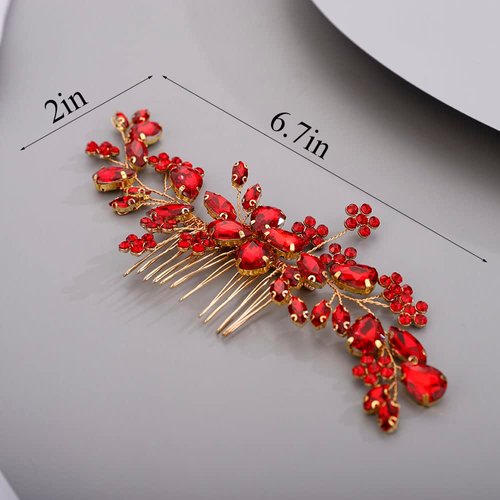 Chargances Bridal Wedding Crystal Hair Comb Handmade Flower Gemstone Hair Side Comb Red Rhinestone Headpiece Bridal Hair Accessories for Wedding Prom Flower Girl (Red)