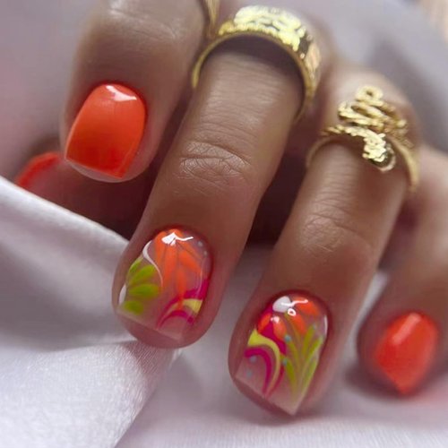 24Pcs Orange Press On Nails Short Square - WLGDLH Fake Nails Bright Glossy False Nails Press ons with Colorful Flower Design Nail Tips Full Cover Acrylic Nails Art Kit for Women Manicure