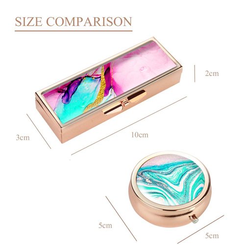 Hennaja Rectangle Pill Box and Round Pill Box,Decorative Pocket Purse Portable Travel Pill Case & Medicine Organizer(1 Pack,2-Splash Ink2)